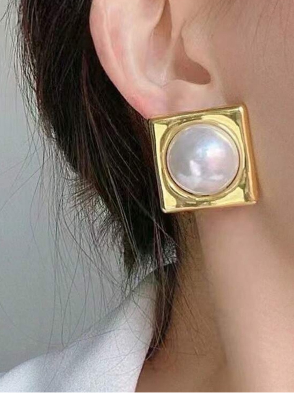 Gold Square Pearl Stud Earrings